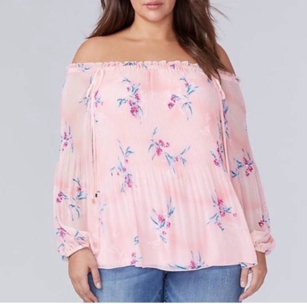 Lane Bryant SZ 22/24 Top Floral Off-Shoulder Stretch Lined Long Balloon Sleeves
